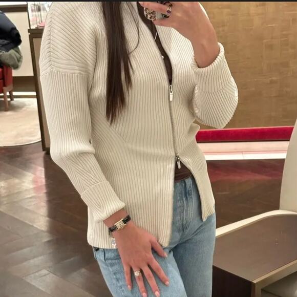 A.L.C. White Ribbed Knit Full Zip Sweater LARGE Work Quiet Luxury Designer $500 - Picture 5 of 14